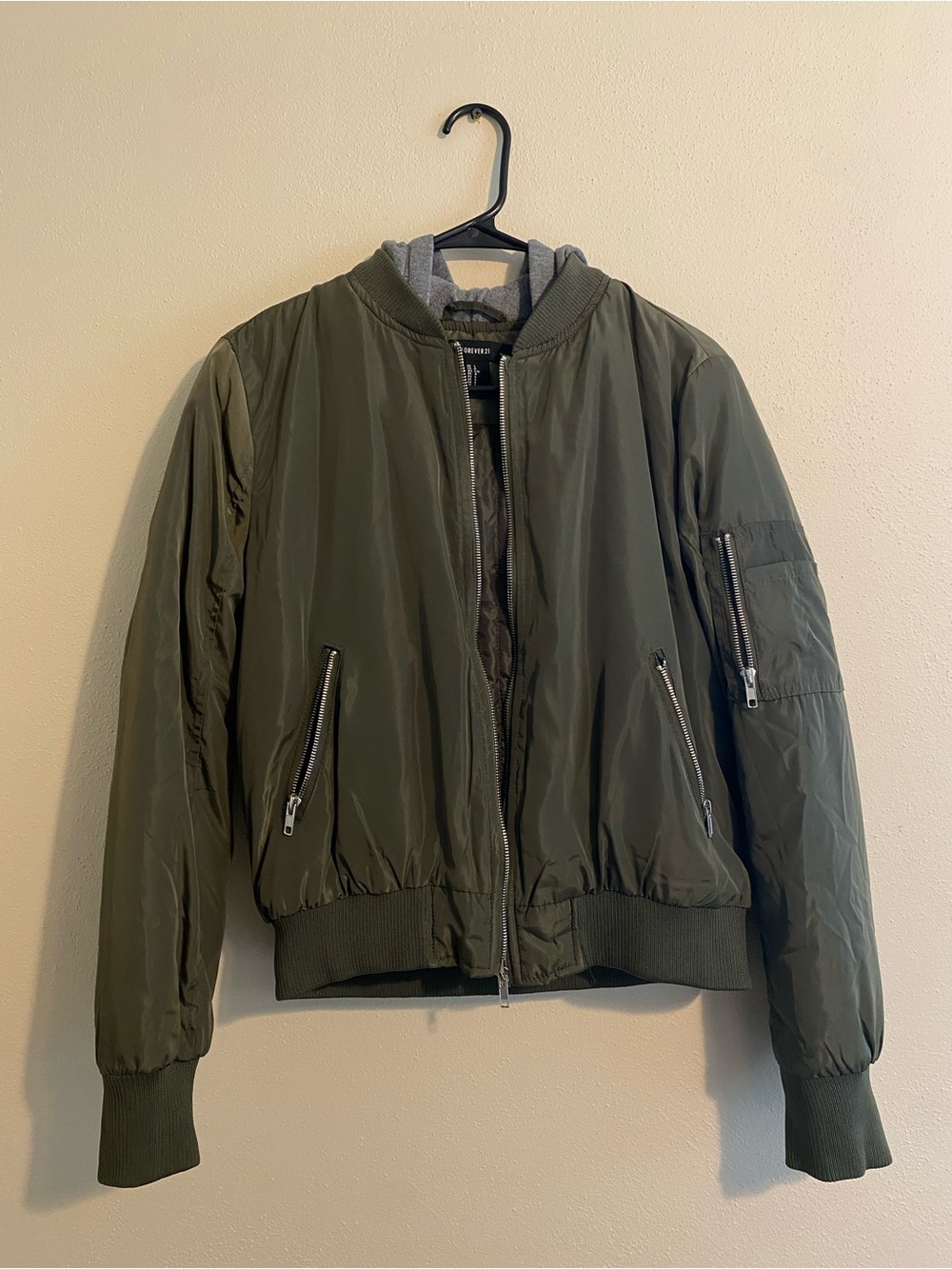 Forever 21 Women's Bomber Jacket with Hoodie Olive Green Size Large